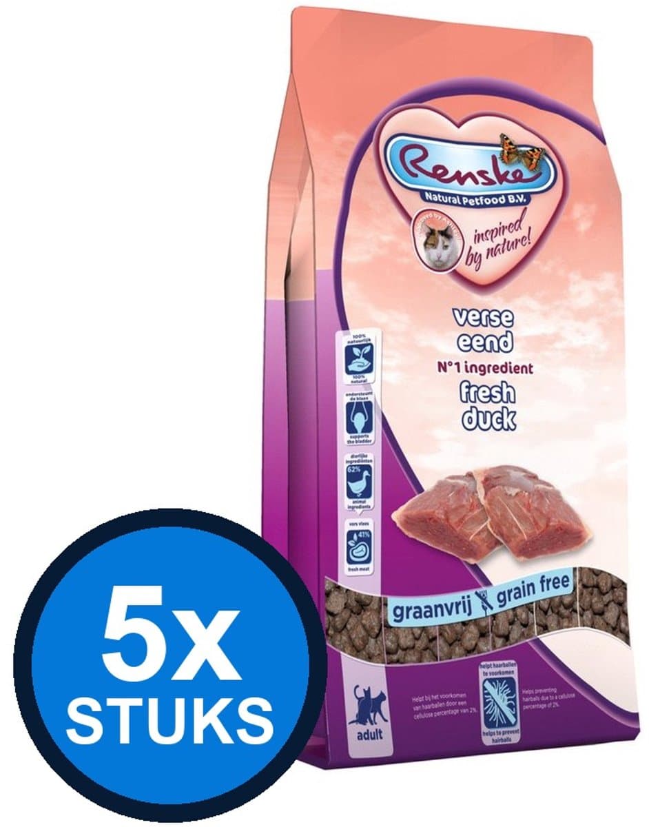 5x Renske - Super Premium droog kat adult eend 1,5kg - Kattenvoer - 1.5 kg