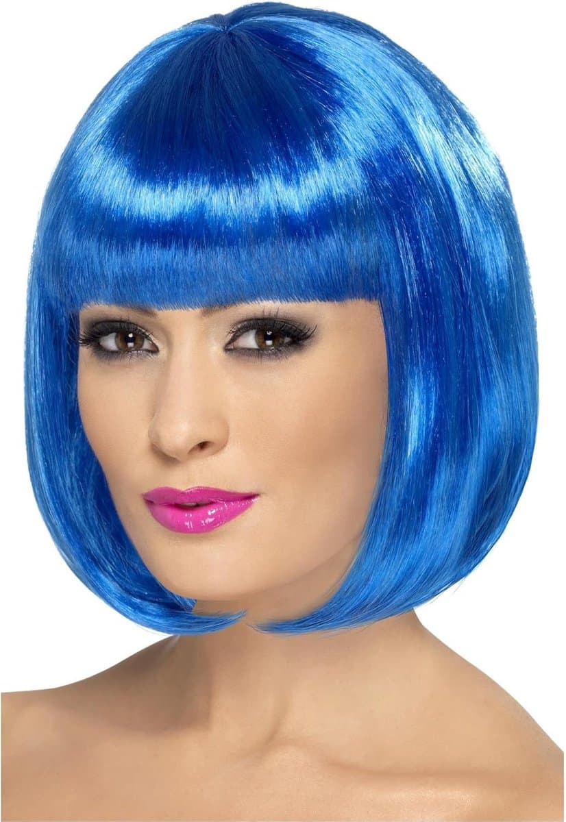 Korte Blauwe Bob Pruik met Pony - Feestaccessoire Dames