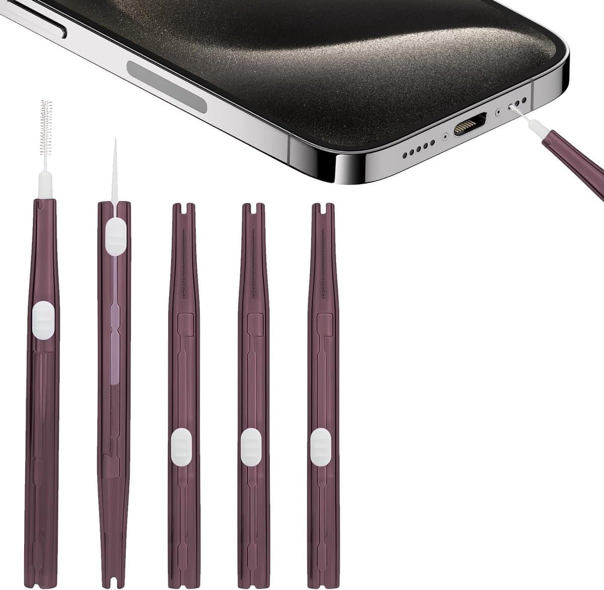 Reinigingsset voor Oplaadpoorten met Dubbelzijdige Borstel en Haak - USB-C Schoonmaakset voor Telefoons, Oordopjes en Luidsprekers (Paars)
