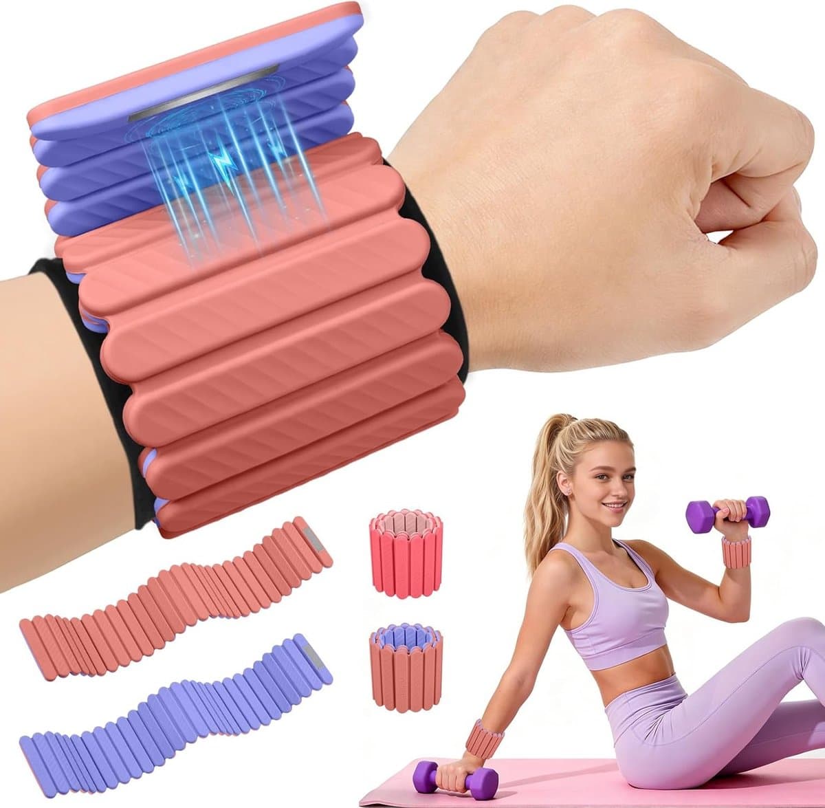 Verstelbare pols- en enkelgewichten, set van 2 (1kg per stuk), met magnetische sluiting, roze en paars, ideaal voor krachttraining en fitness