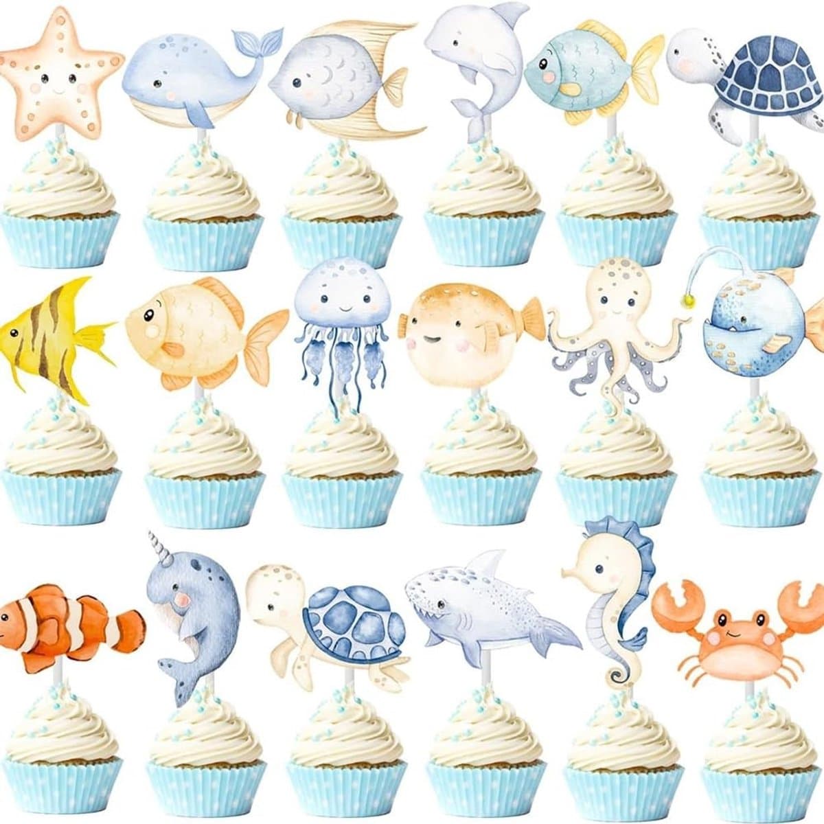 Cosensi- Cupcake Toppers 36 Stuks Oceaan Thema - Cupcake Decoratie - Taartdecoratie - Schattige Dieren - Eerste Verjaardag - Babyshower - Taartdecoraties