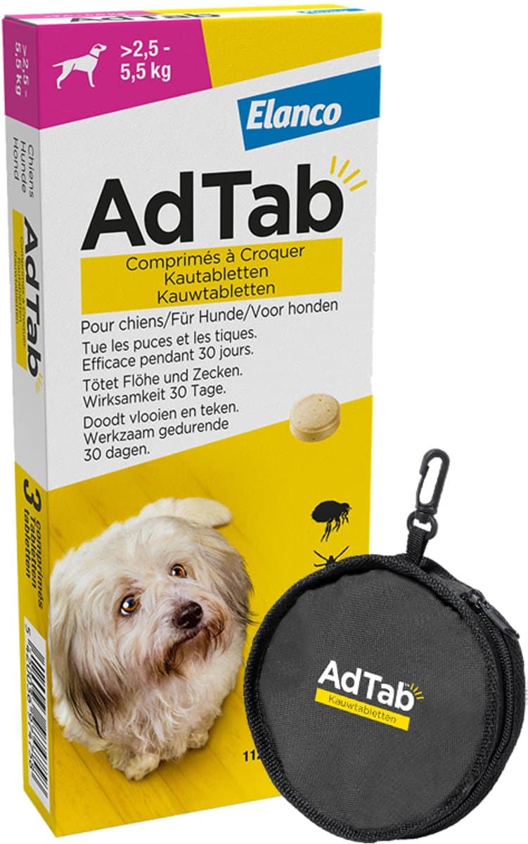 AdTab Vlooien Tabletten Hond - >2.5 kg tot 5.5 kg - 3 tabletten tegen vlooien en teken hond + Gratis Foldable Bowl