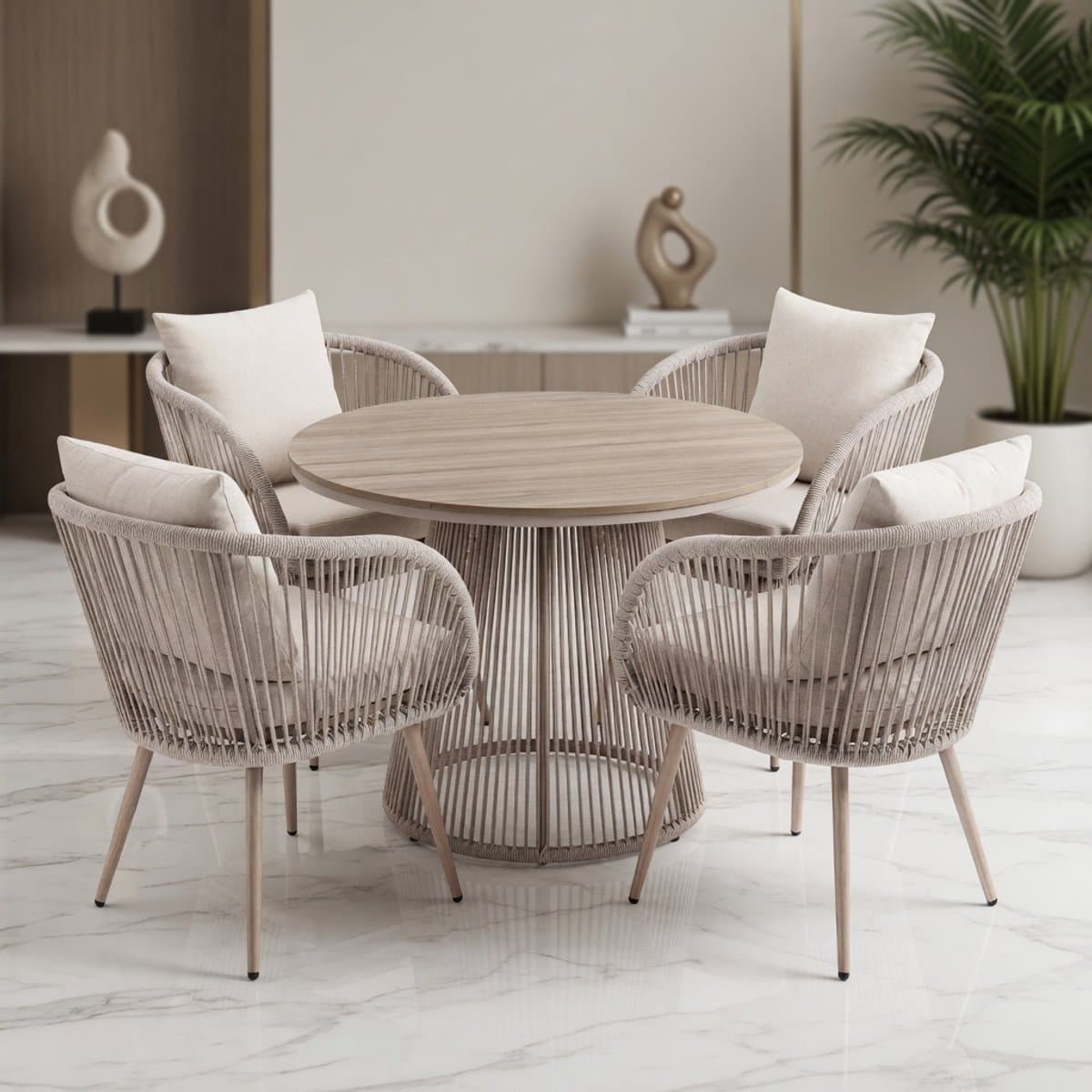 Luxe 5-delige Tuin Eetset voor 4 Personen – Ronde Tuinset met Tafel Ø100 cm & 4 Comfortabele Stoelen – Weerbestendige Polyrotan Eetgroep Outdoor Terras & Tuin – Beige – MedaHomeStore