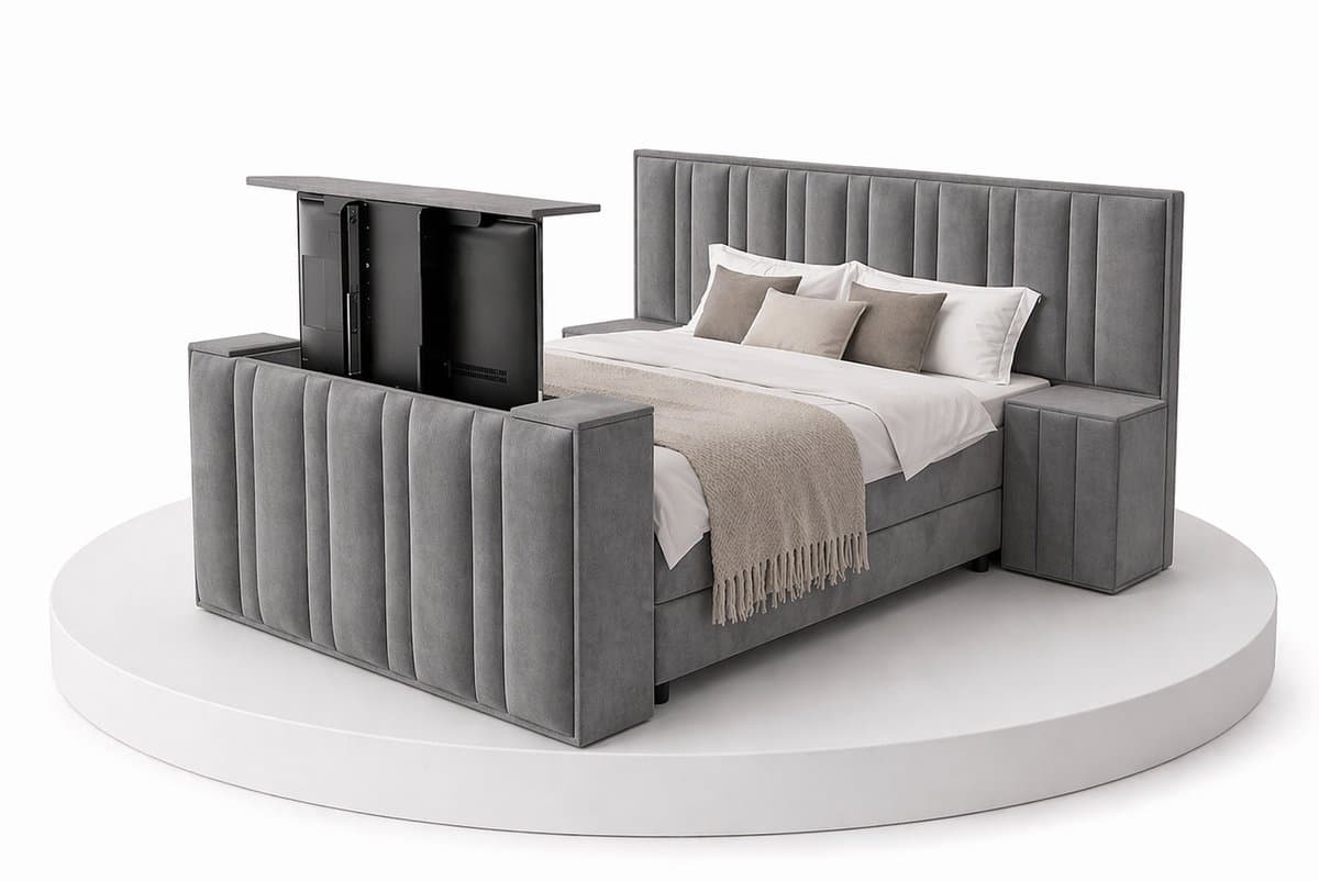 Boxspring CineLux TV-Lift - 200x220 Compleet - Met nachtkastjes - Grijs - BalBedden