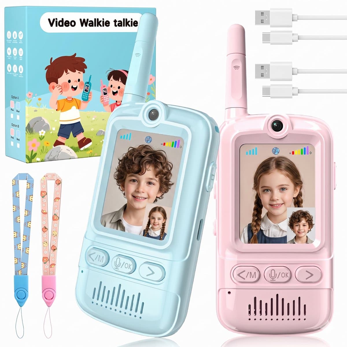 Fokelyi – Walkie Talkie voor Kinderen – Video Walkie Talkie - Met HD video & camera – Buitenspeelgoed – Oplaadbaar – 2 stuks - blauw/roze – Speelgoed voor Jongens & Meisjes – Cadeau
