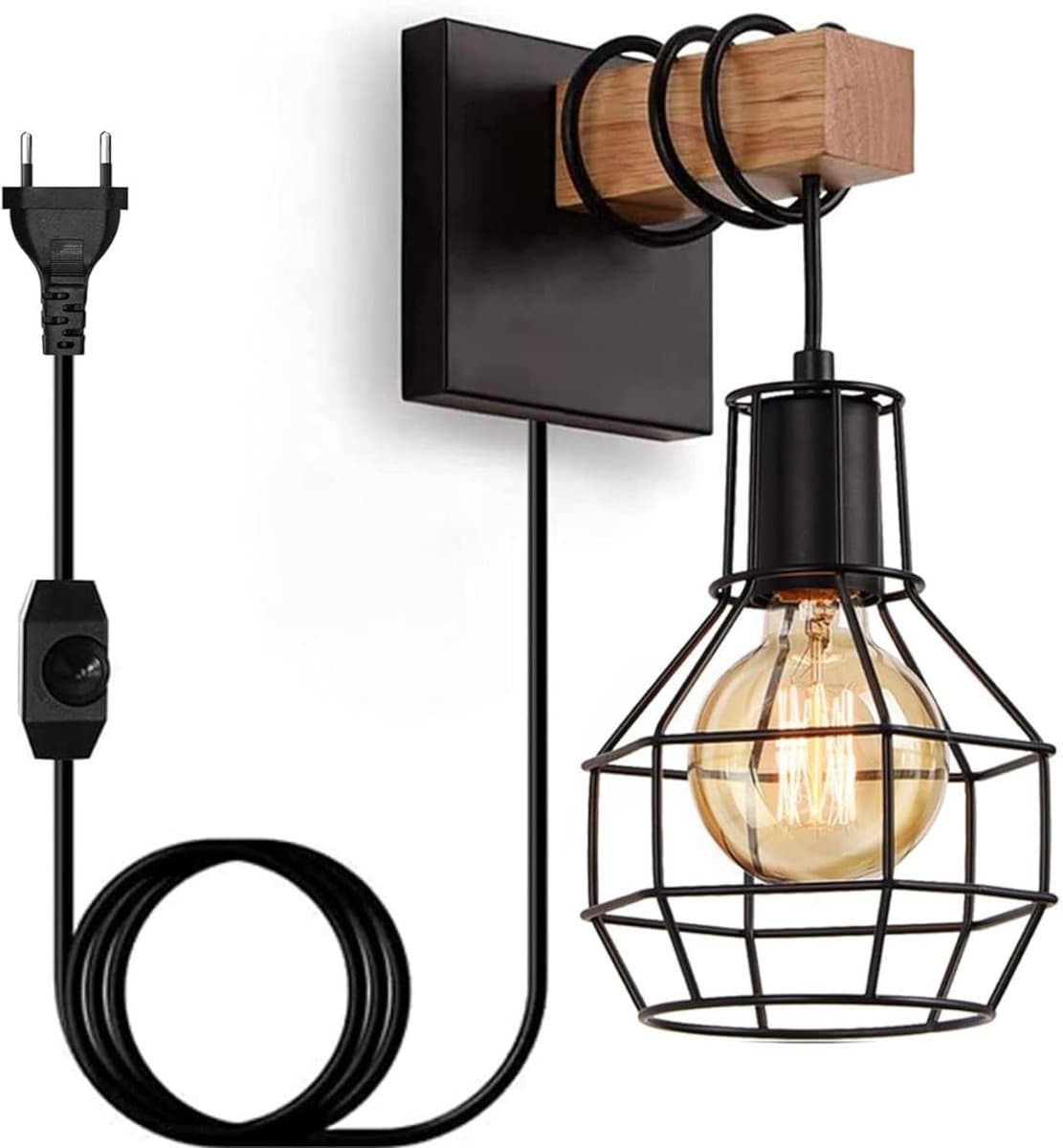 CLVP® Wandlamp Binnen met Snoer - Wandlamp met Stekker voor Binnen - met Dimbare Schakelaar - Industrieel en Vintage - Slaapkamer Bedlampje