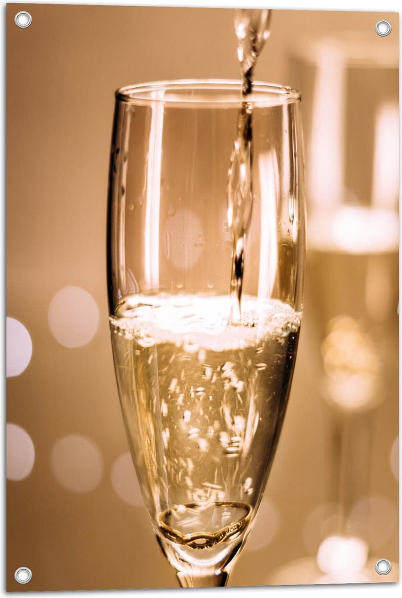 Tuinposter – Champagne - Drank - Glas - Inschenken - Drinken - Bubbels - 50x75 cm Foto op Tuinposter (wanddecoratie voor buiten en binnen)