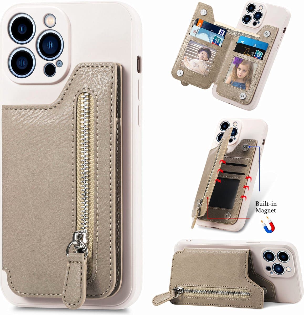 Luxe Hybride Rits Card&Cash Wallet Case + PMMA Screenprotector voor iPhone 14 Pro Max _ Beige