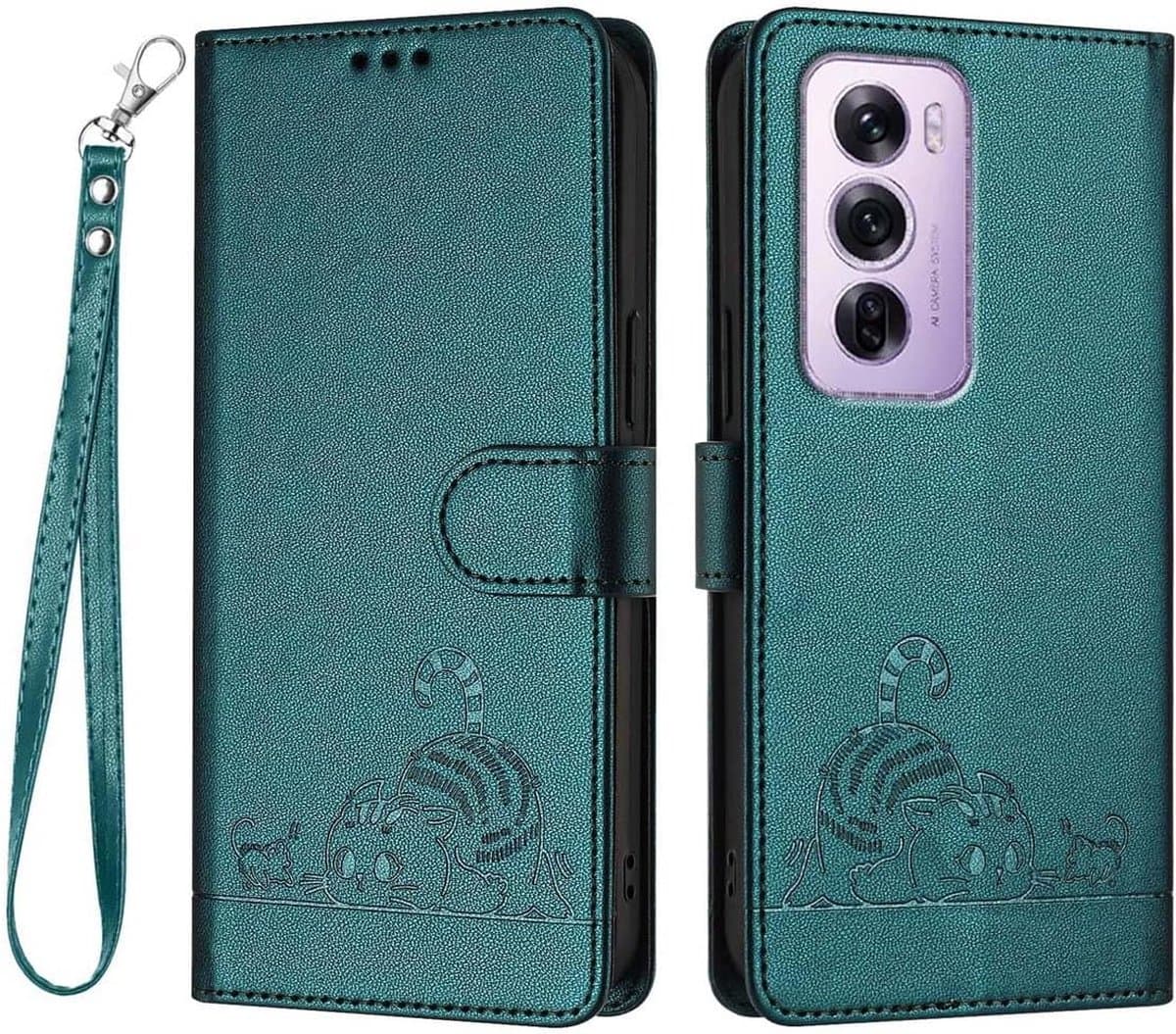 Geschikt voor Oppo Reno 12 Pro 5G - Portemonnee Lederen Magnetische Hoesje - Kaarthouder - Book Case - Donkergroen