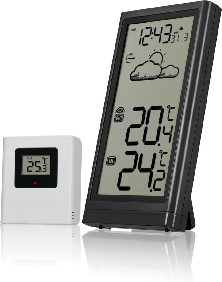 DnA® Weerstations - Weerstation Met Buitensensor - Weerstation Met Buitensensor - Weerstation Draadloos Binnen Buiten - Weerstation Binnen en Buiten - Zwart - 8cm x 2cm x 15cm