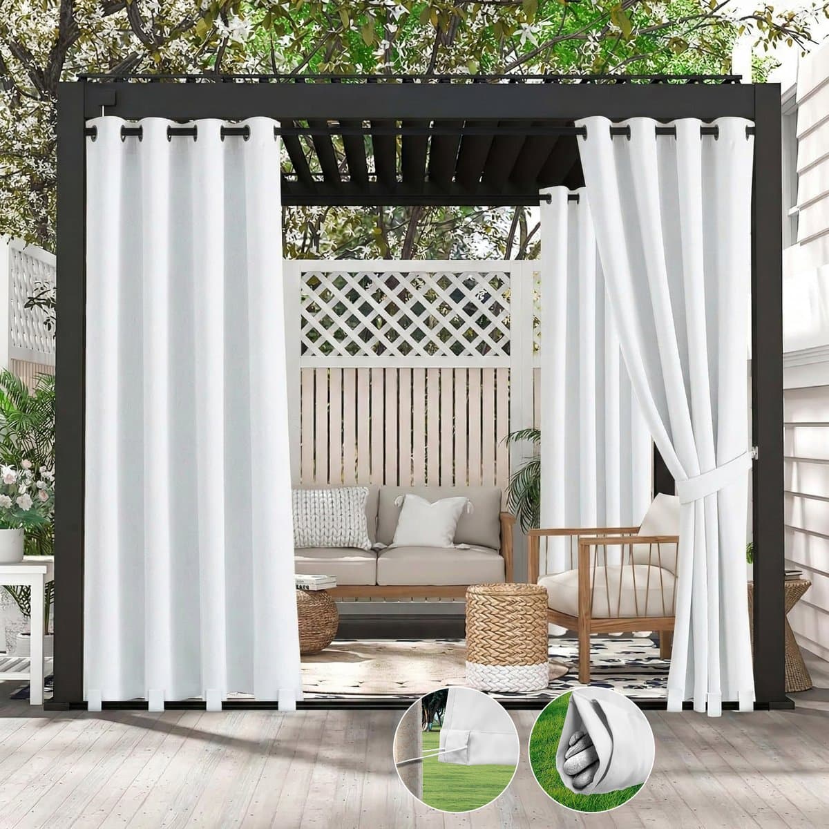 Qelus 2 Stuks Buitengordijnen Winddicht & Waterdicht - Outdoor Gordijn met Oogjes (Boven) en Anti-wind Lussen (Onder) - Weerbestendig voor Pergola - 132x244cm - Wit