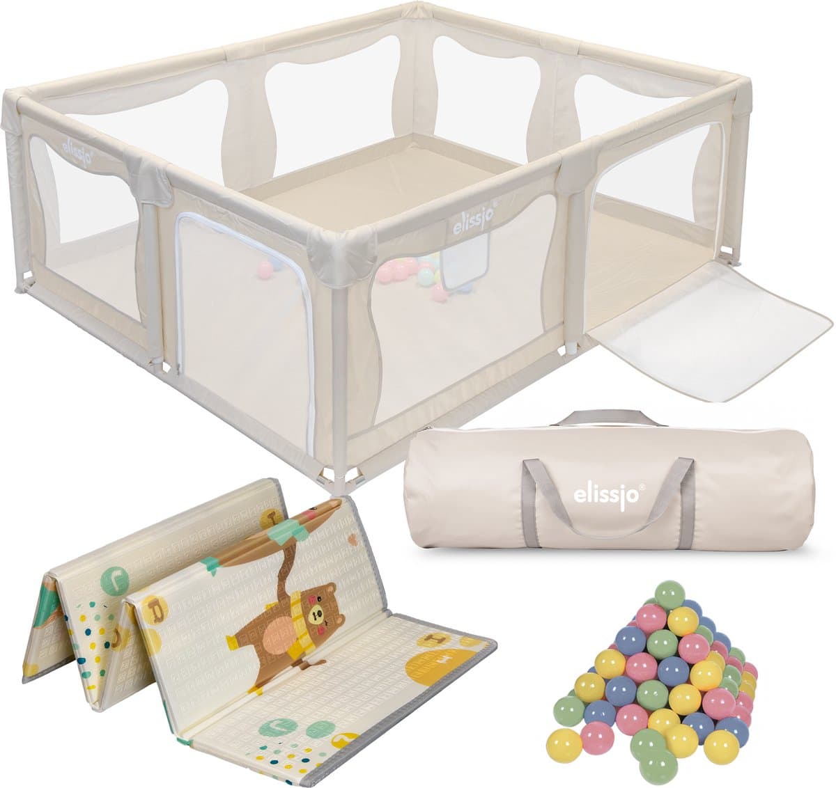 Elissio® - Grondbox – Inclusief Dubbelzijdige Speelmat – Baby Speelbox met 50x Speelballen - Kinderbox - Playpen - 180x150 CM - Beige