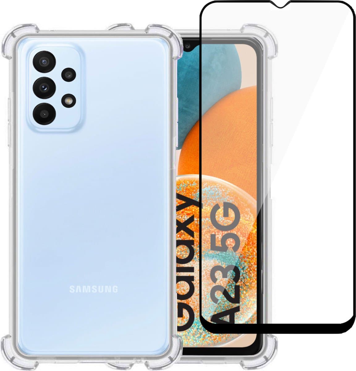 Hoesje geschikt voor Samsung A23 4G / 5G + Screenprotector – Full Screen Tempered Glass - Extreme Shock Case Transparant