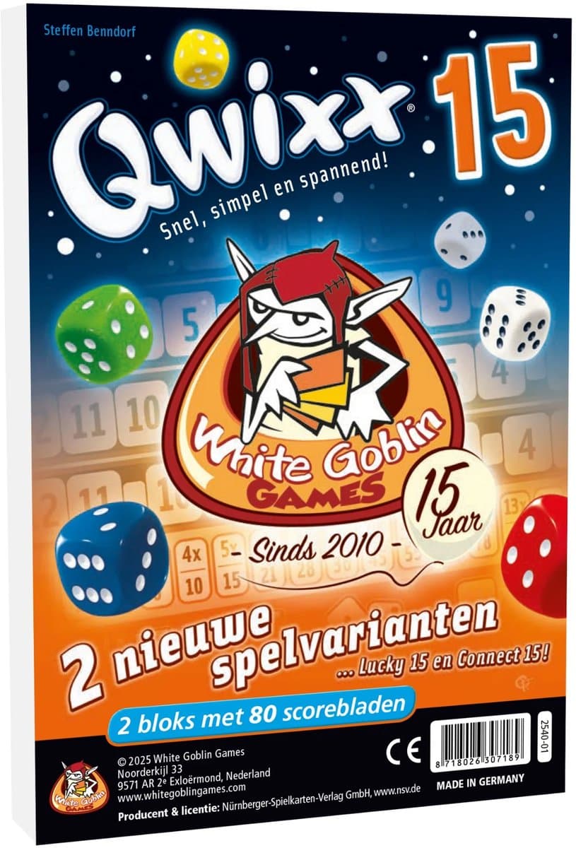 White Goblin Games - Qwixx 15 - Dobbelspel - 2 tot 5 spelers - Voor de hele familie - uitbreiding - Extra scoreblokken met nieuwe uitdagingen