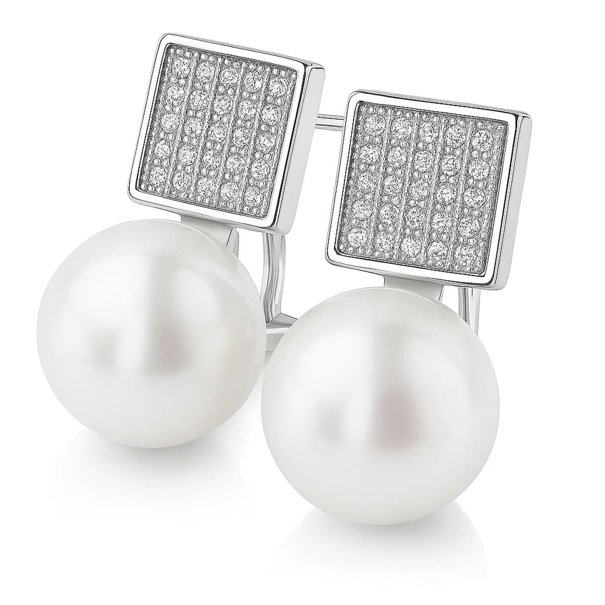 Zilver Oorbellen met Parel - Zilveren Oorbellen met Parel - Zilver 925 - Silver Pearl Square Earrings - Amona Jewelry