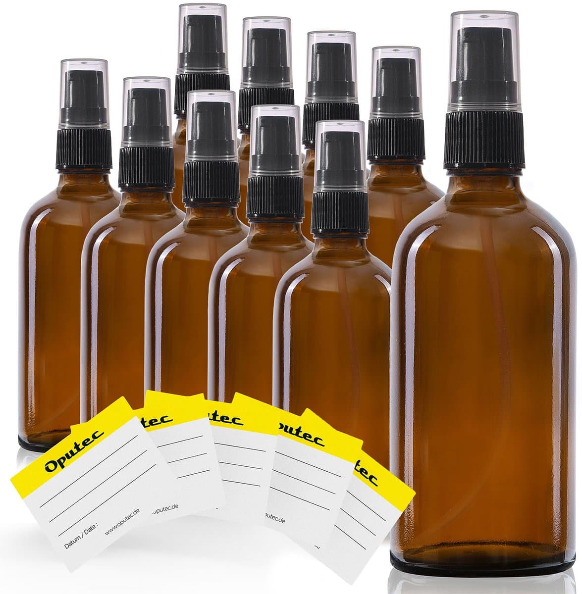 Oputec 10 x 100ml pompflessen – bruine glazen crèmespender & lotionspender – navulbaar & herbruikbaar – met etiketten – dicht & reisvriendelijk