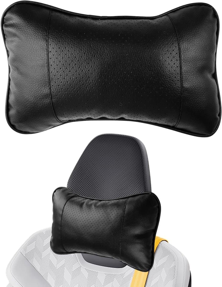 Allecto Plus - Comfortabel Nekkussen voor Autohoofdsteun in Zwart Leer en Katoen - Ademend Reiskussen voor Neksteun - Bescherming van Halswervelkolom - Auto Accessoire met PU-leer - Zachte en Comfortabele Steun - Duurzaam Design - Ergonomisch Ontwerp