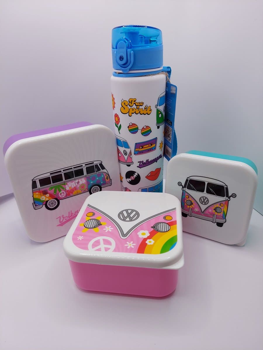 Volkswagen bus Set – VW - broodtrommel 350ML 500ML 650ML- drinkfles 600ML- Waterfles + 3 Lunchboxen – Onbreekbaar – BPA-vrij – Voor School, Werk, Onderweg – Retro Design - cadeau tot 25 euro - kind en volwassenen - Mezzo goodies - lunchbox