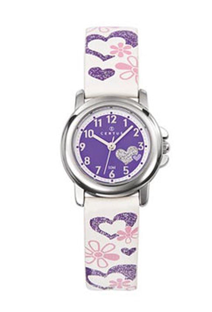 Certus-kinderhorloge-Lederen band met hartjes/bloemen-Paarse wijzerplaat met Cijfers.