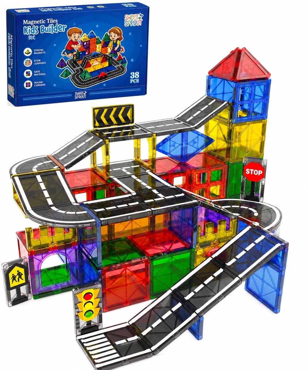 Sweet Sprout Magnetic Tiles - 38pcs - Racebaan + tiles