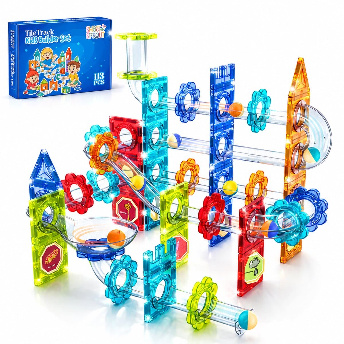 Magnetic Tiles - Knikkerbaan 113 stuks - Speelgoed - Educatief & Montessori - Travel set - Magnetische tegels - Bouwstenen - Met 8 magna knikkers