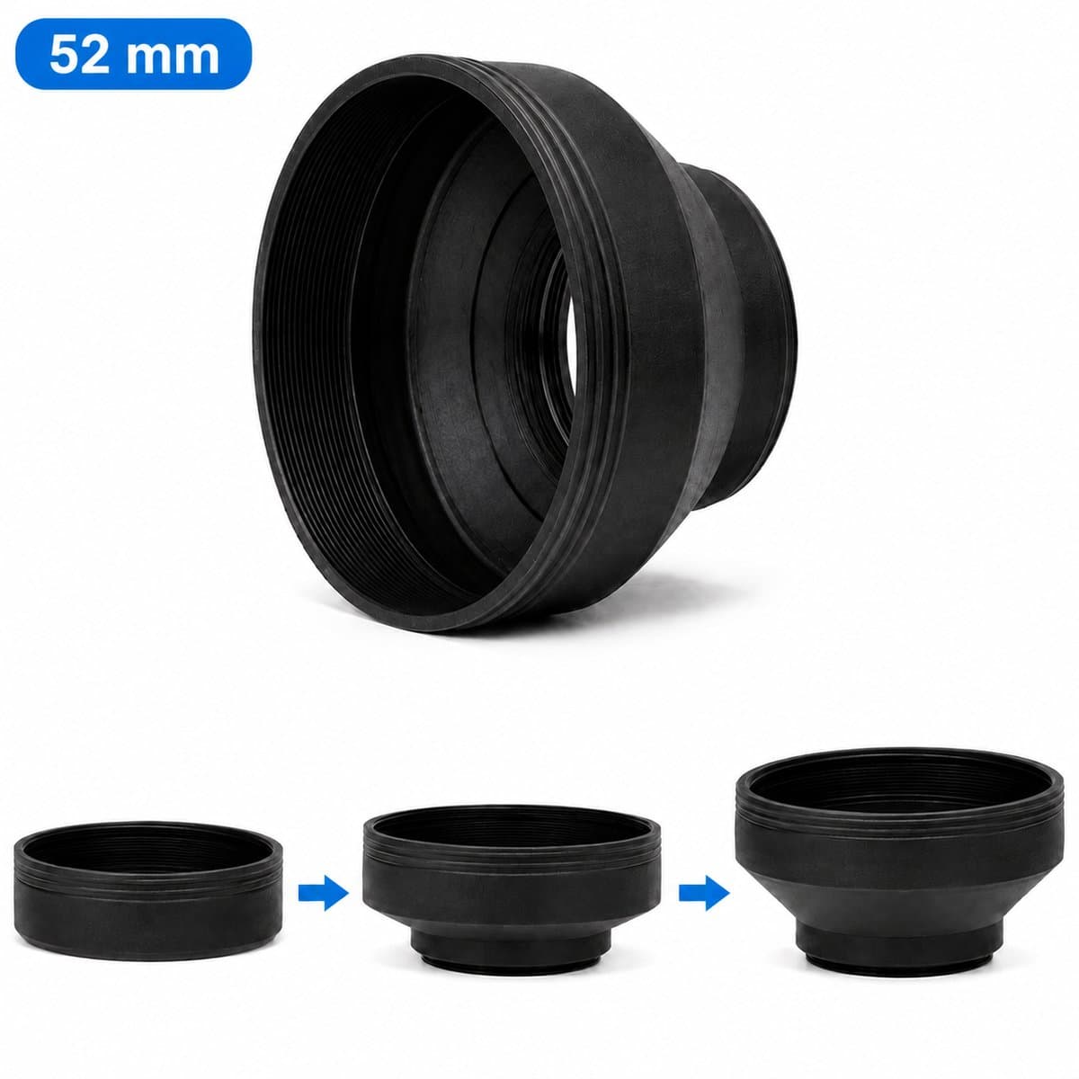 Rubberen Zonnekap 52mm - Opvouwbare Lens Hood in 3 Standen - Anti Flare & Lensbescherming - Voor DSLR en Mirrorless Camera