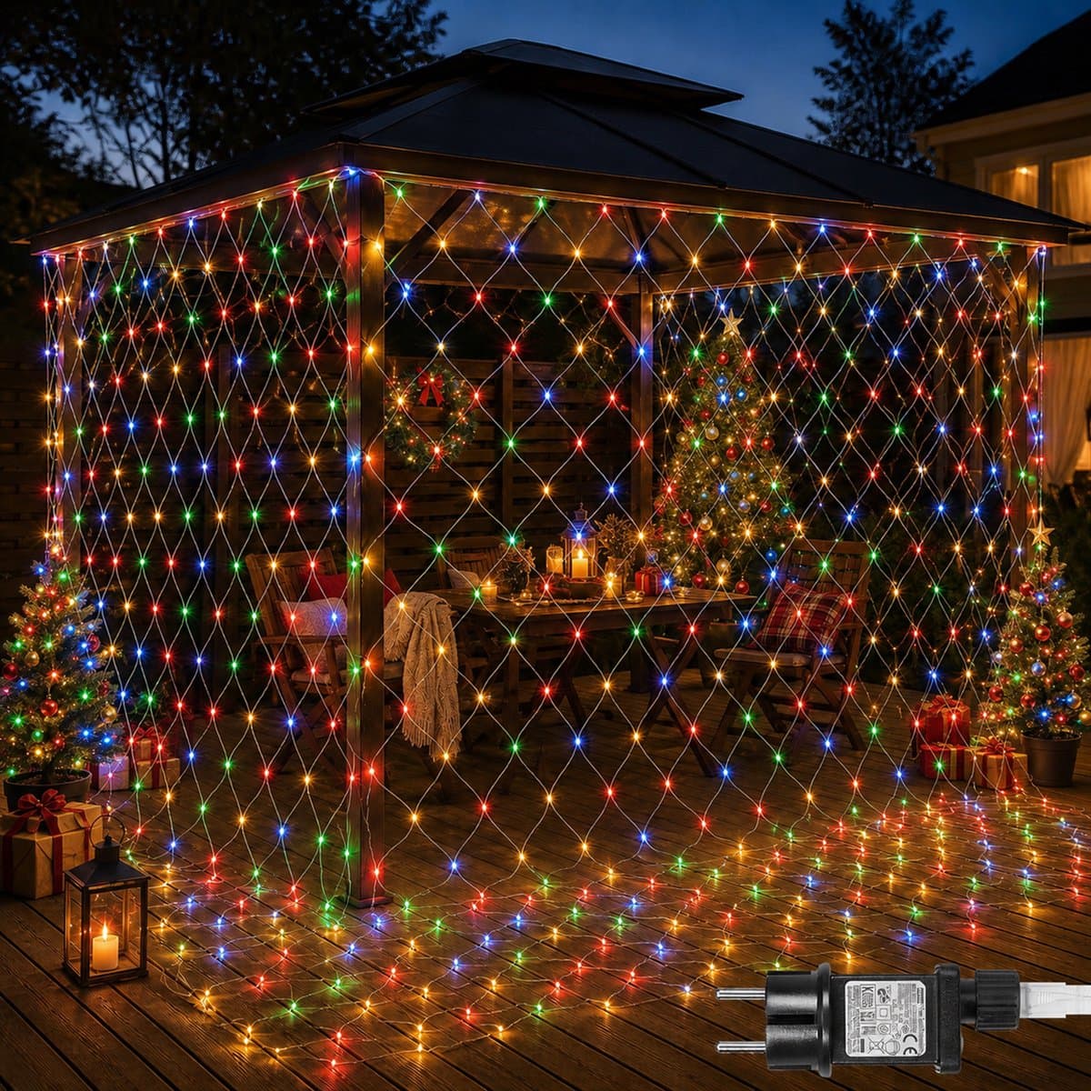 Rosnek LED Netverlichting - Kerstverlichting 1,5 x 1,5 m 96 LEDs Meerkleurig - Met Koppelstekker - 31 V Laagspanning met 8 Lichtstanden en Geheugenfunctie - Lichtnet voor Heg, Muur en Kerstdecoratie