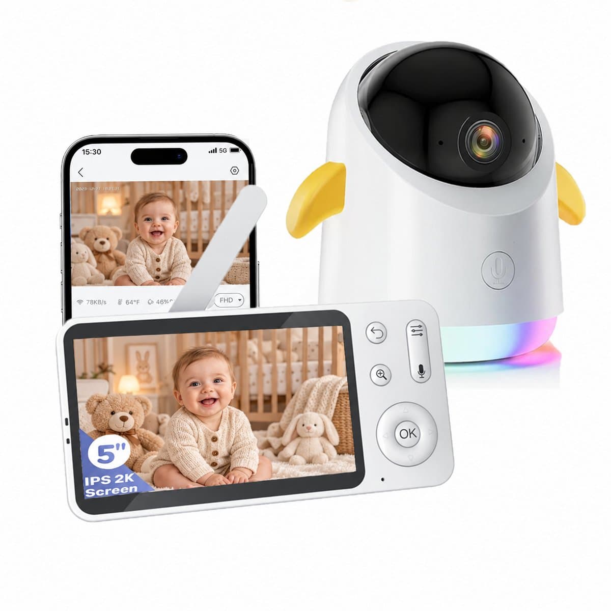 2K Babyfoon - Babyfoon met 2 Camera's - Op afstand bestuurbaar - 5 inch Scherm - Babyfoon Houder - Nachtlampje - Baby Monitor - 355° Horizontale en 120° Verticale