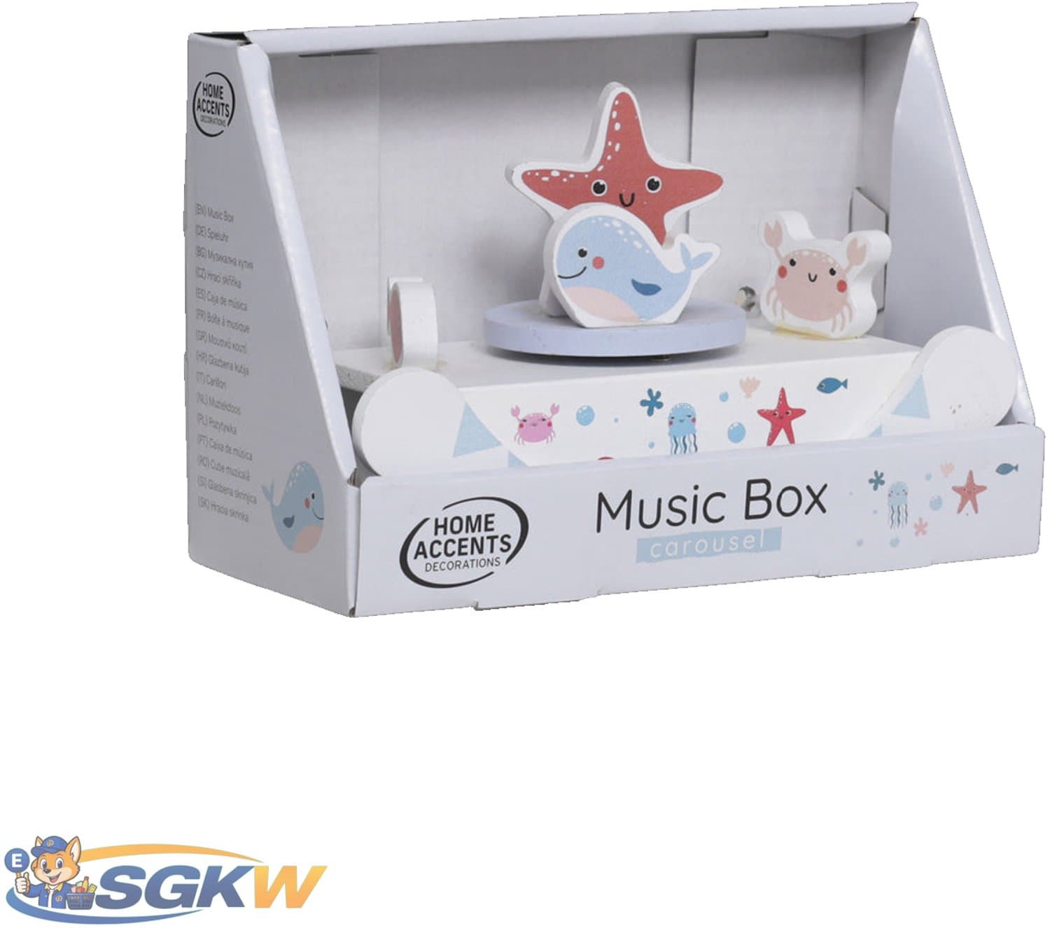 Home Accents Houten Muziekcarrousel – 3 Muziekdoosjes met Draaifiguurtjes – 17 cm – (Konijn, Zee of Eendjes)