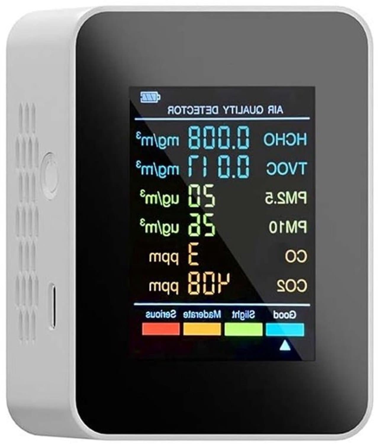 Luchtkwaliteitsmonitor - CO2-meter en detector - Binnenklimaat controleren - 6-in-1-meting - 90x70x35mm - Wit