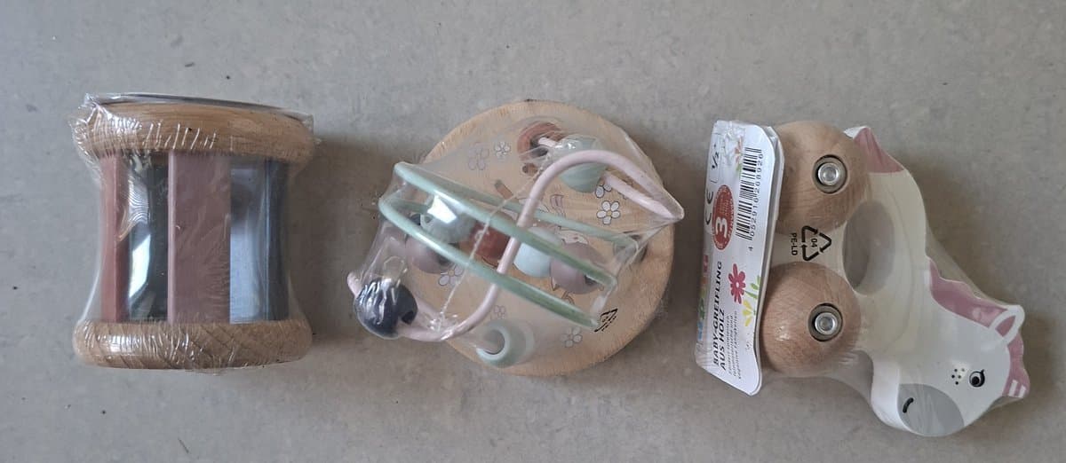Lupilu Set van 3 / Houten Rammelaar-Houten Rij Paardje en 1 Kralen Spiraal / Vanaf 1 Jaar