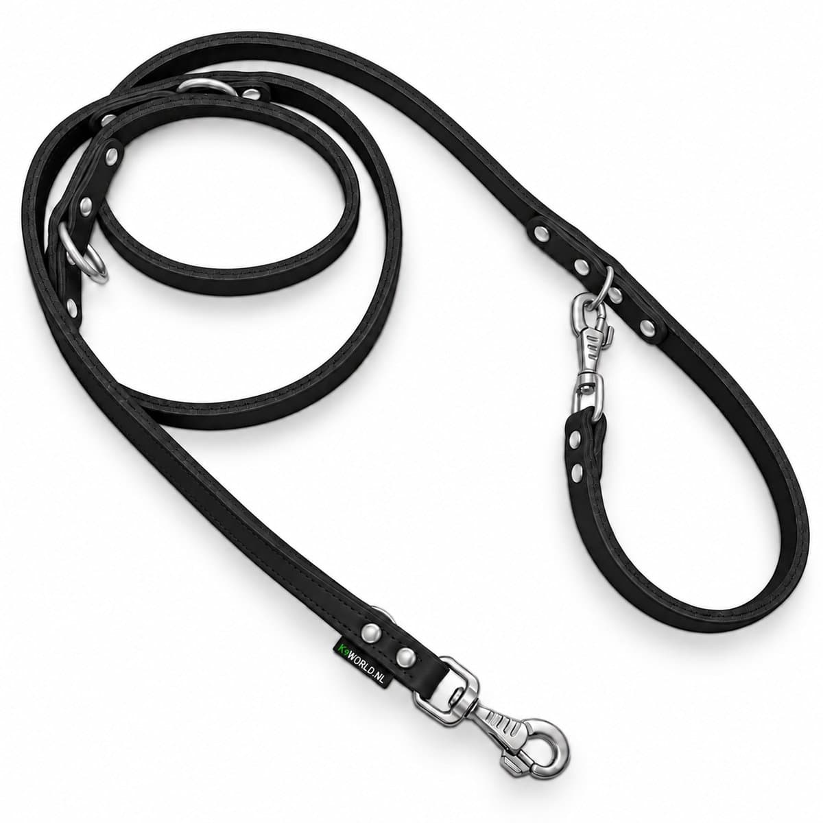 K9World by van der Veeke, Verstelbare Leren Hondenriem Heavy Duty – Zwart Leder - Zware Uitvoering – 3-Punts Verstelbaar – Multifunctioneel – 2 Verchroomde Musketons – Handgemaakt