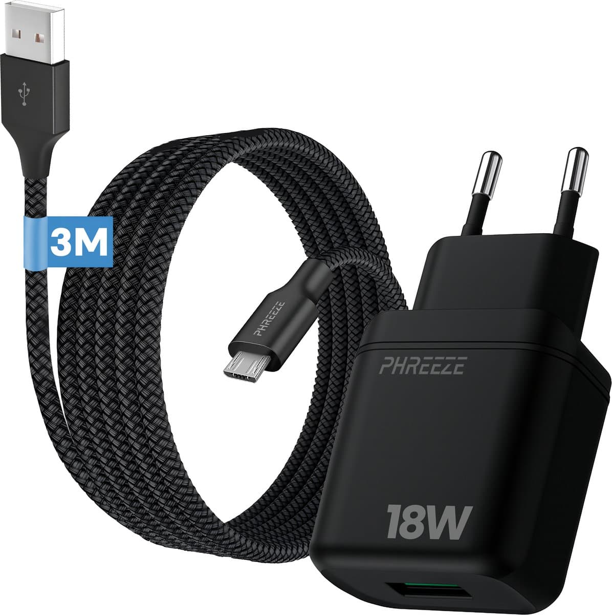 Phreeze usb oplader 15w - Usb naar micro usb kabel 3 meter - 5v 3a usb adapter voor smartphone ereader controller met micro usb poort