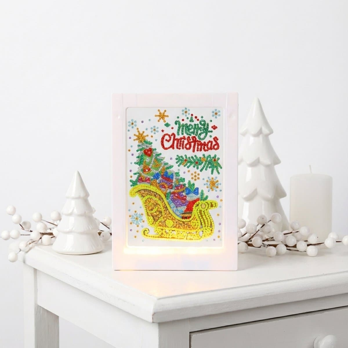 Huntex LED diamond painting fotolijst kerst – DIY knutselpakket met nachtverlichting – kerstboom of arrenslee