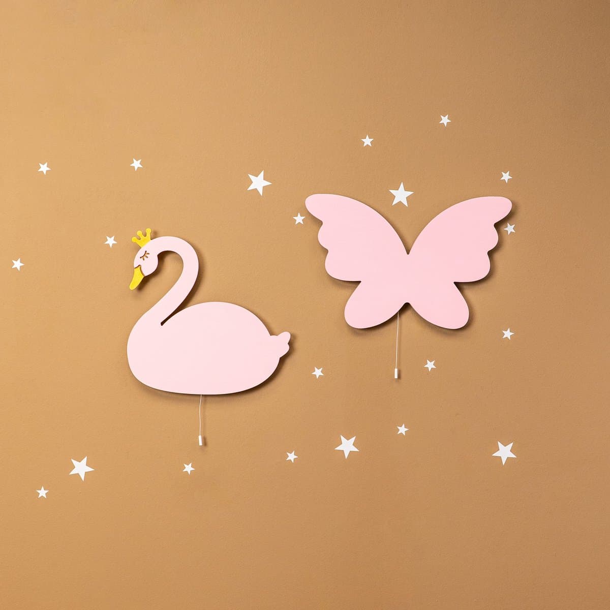 CozyCollections - Houten LED Nachtlamp - Wandlamp - Knop & Vlinder wandlamp set - Muurlamp - Nachtlampje kinderen - Nachtlampje baby