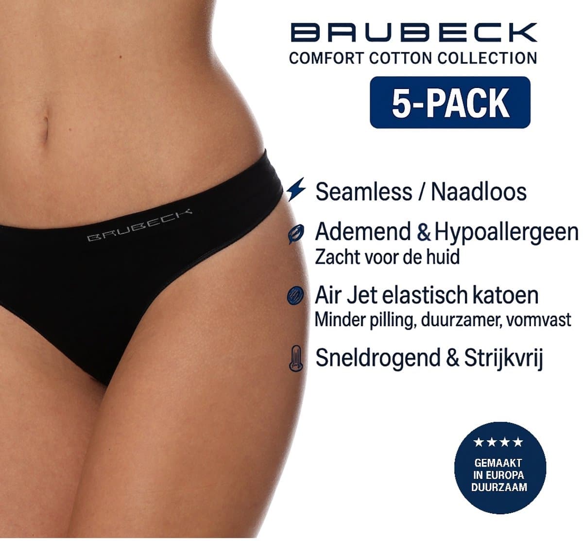 Brubeck Dames String – Naadloos (Seamless) Elastisch Katoen - 5 Pack - Zwart L