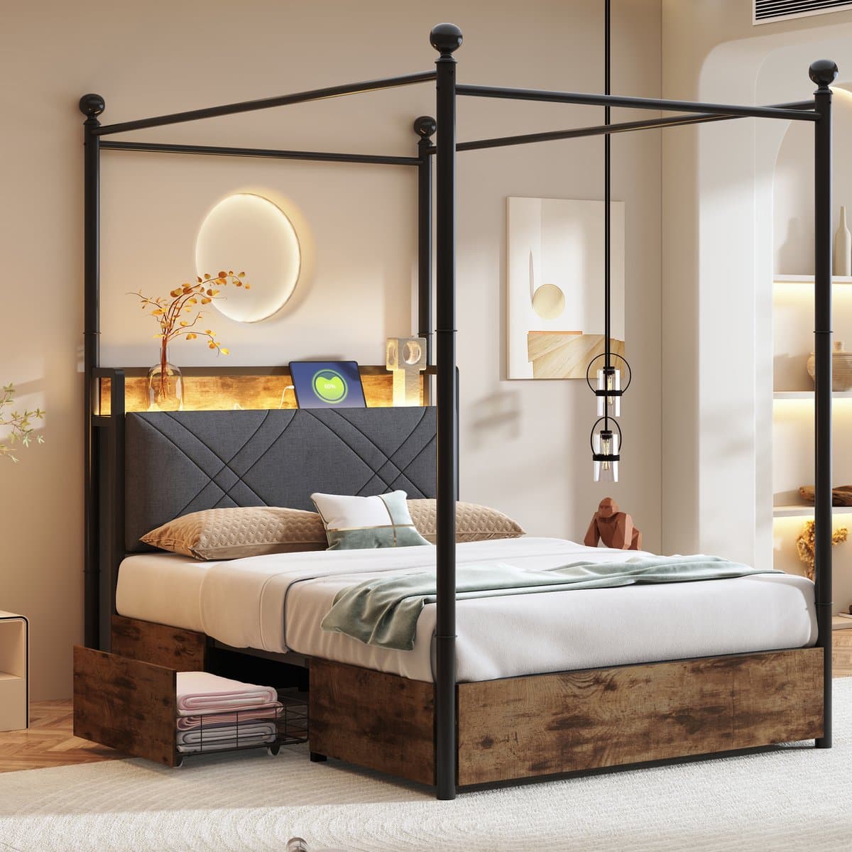 MODFU Ledikant 90x190 cm – Metaal zwart – Multifunctioneel met baldakijn, LED & opbergruimte – 16M kleuren