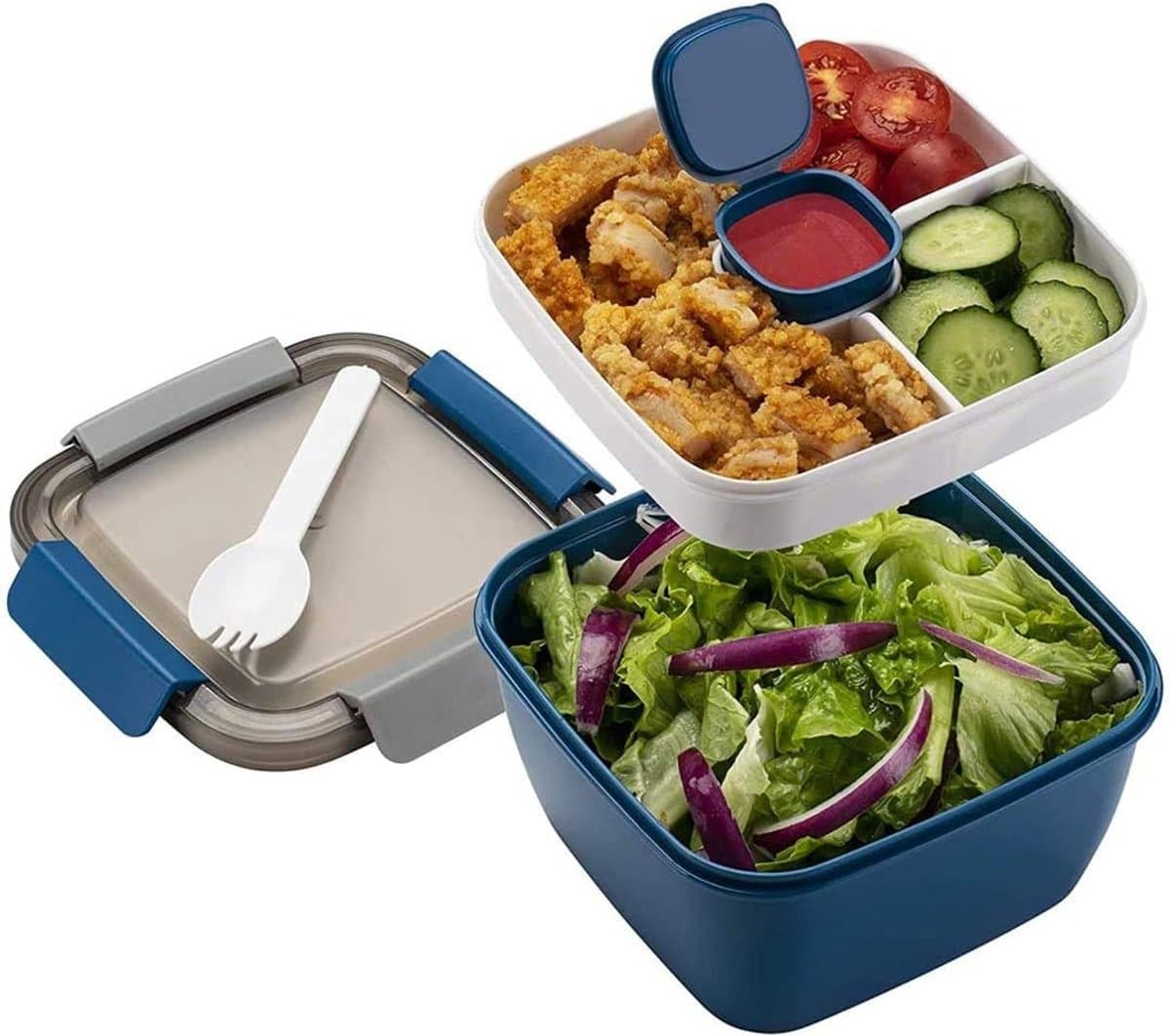 longziming Lunchbox met Vakken – Lekvrij – Duurzame Bento Box – Voor Volwassenen & Kinderen – Magnetron & Vaatwasserbestendig – School Werk Picknick – Blauw