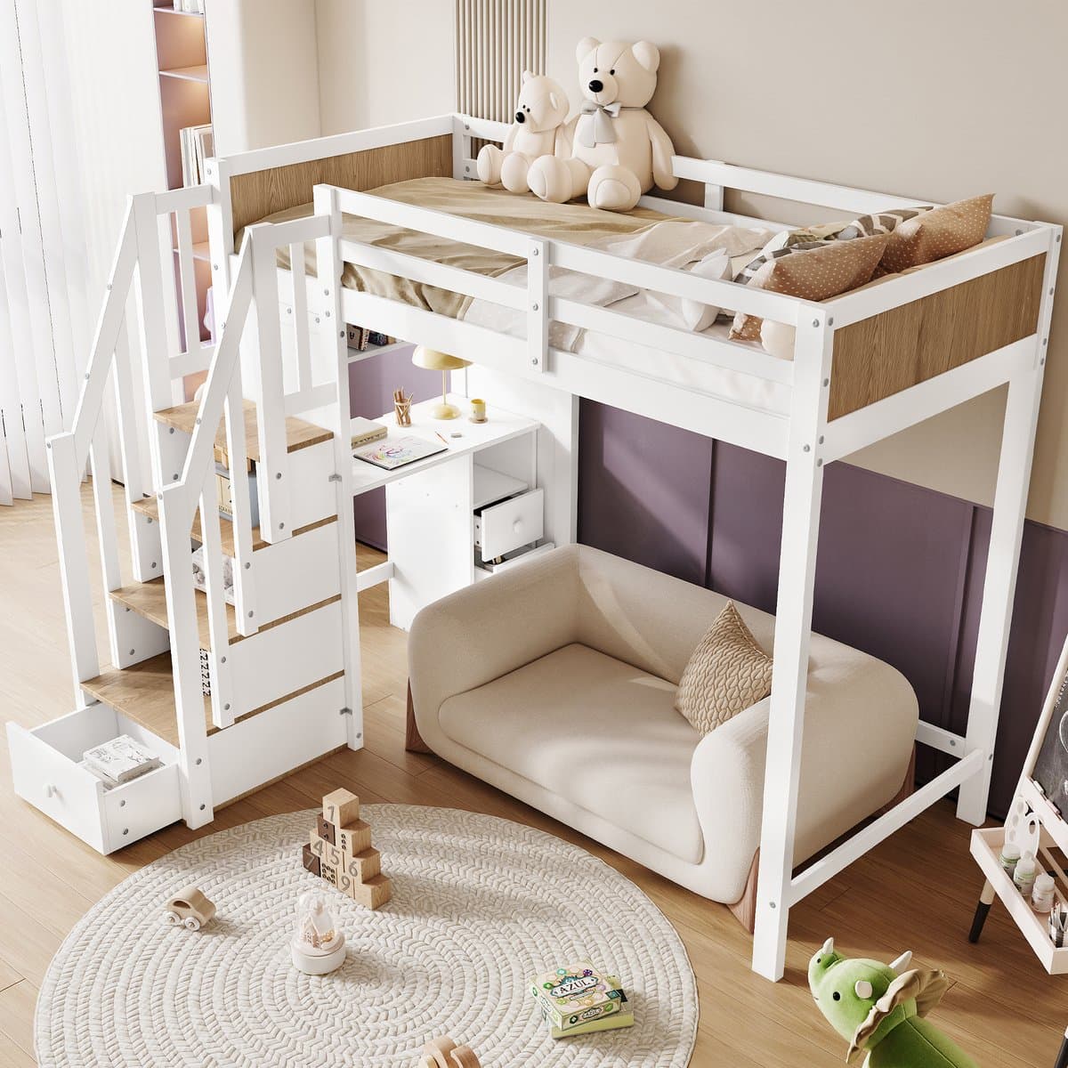 OKWISH Stapelbed 90x200 cm - Bovenbed met Schrijftafel - Met Opbergtrede en Lade - Hout/MDF - Wit+Naturel - Zonder matras