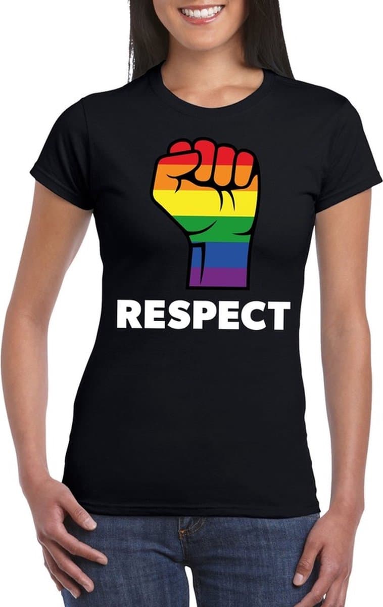 Respect LGBT shirt met regenboog vuist zwart dames - LGBT/ Lesbische shirts XS