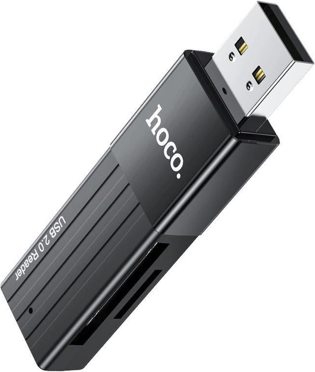 HOCO SD Kaartlezer USB voor Micro SD kaart - SD kaart - Geschikt voor Telefoon, PC en Tablet met USB aansluiting - Zwart