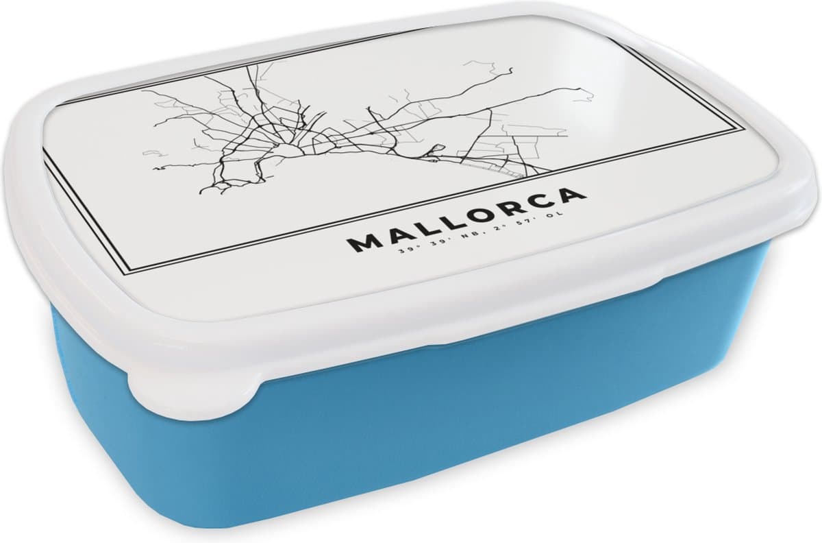Broodtrommel Blauw - Lunchbox - Brooddoos - Mallorca - Stadskaart - Zwart Wit - 18x12x6 cm - Kinderen - Jongen