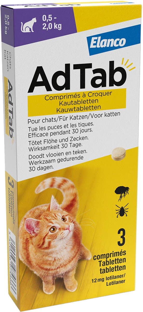 AdTab Vlooien Tabletten Kat - 0.5 tot 2.0 kg - 2 x 3 tabletten tegen Vlooien en Teken Kat