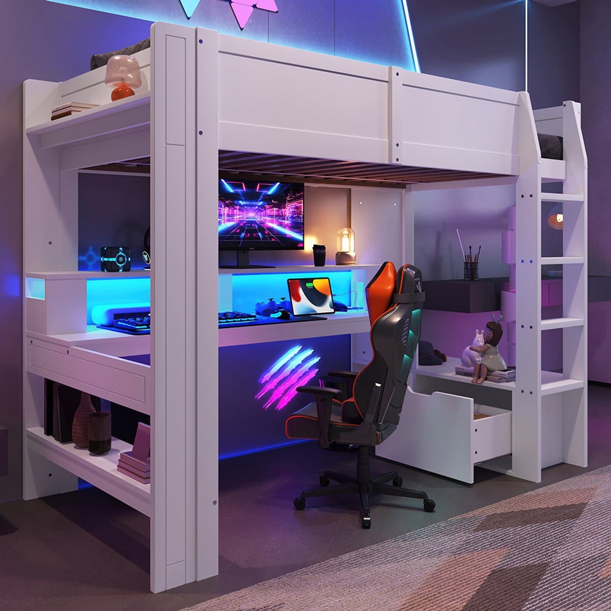 BLACKCOLORS Hoogslaper, 90*200 cm, gamingbed met bureau, met ledlampjes, bureau, lade, planken, zonder matras, wit