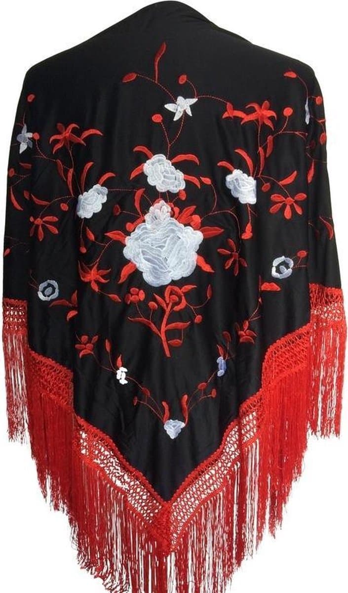 Spaanse manton - omslagdoek - zwart rood wit bij verkleedkleding of flamenco jurk