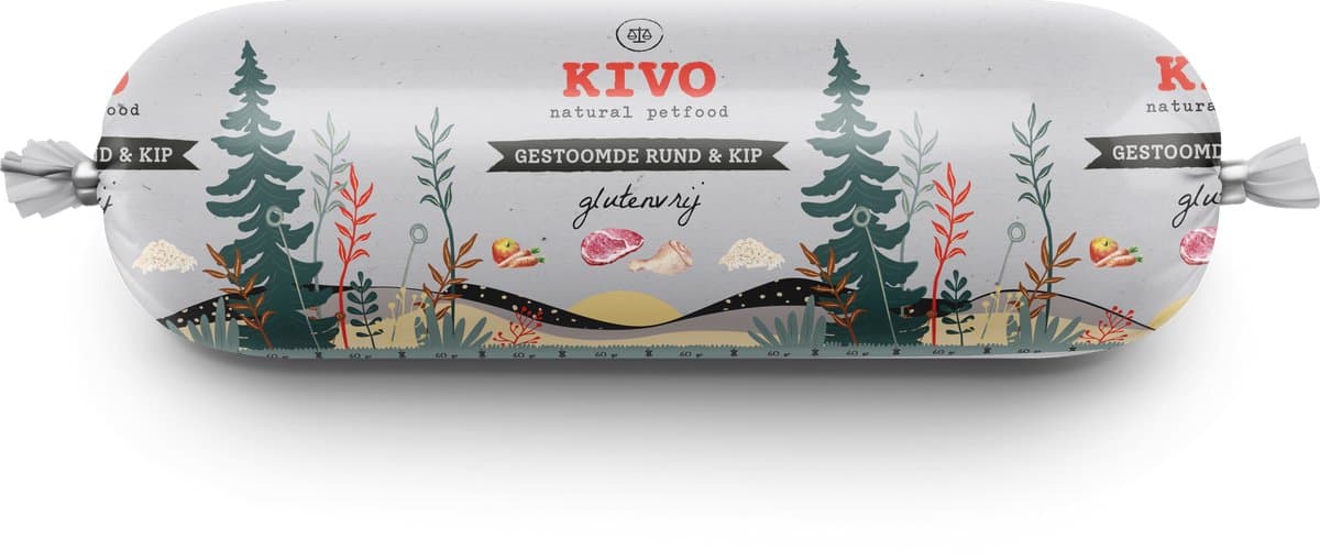 Kivo Petfood Houdbare Worst 12 x 600 gram Rund & Kip - Zacht gestoomd vlees - Glutenvrij zonder andere fratsen