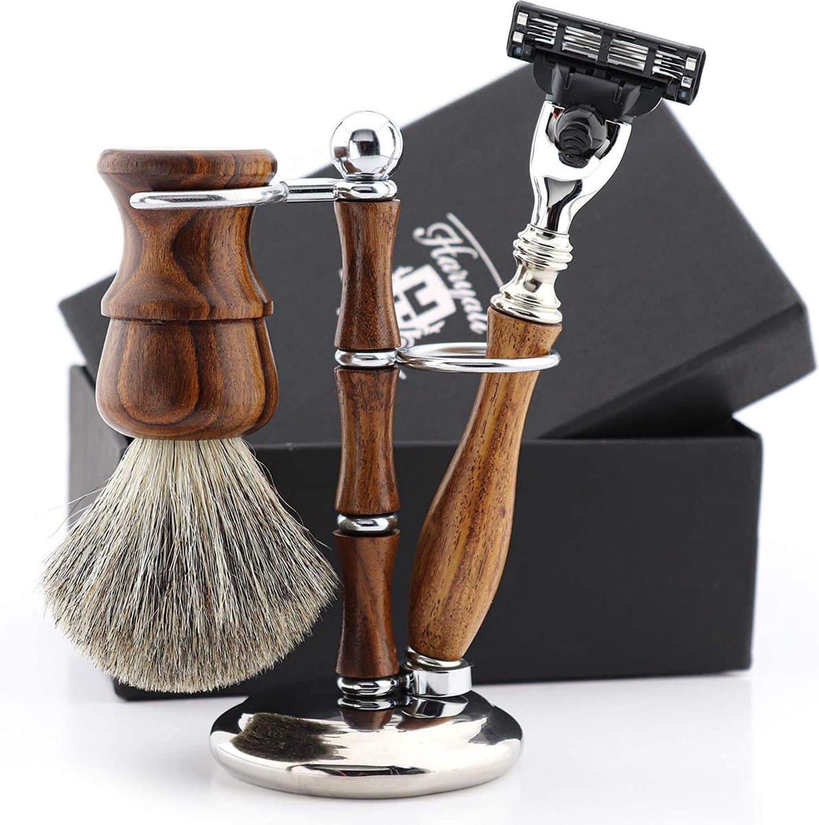 Houten Vintage Scheerset - Klassiek retro scheermesje met originele en driehoek patroon veiligheidsscheermes (Shaving Set)