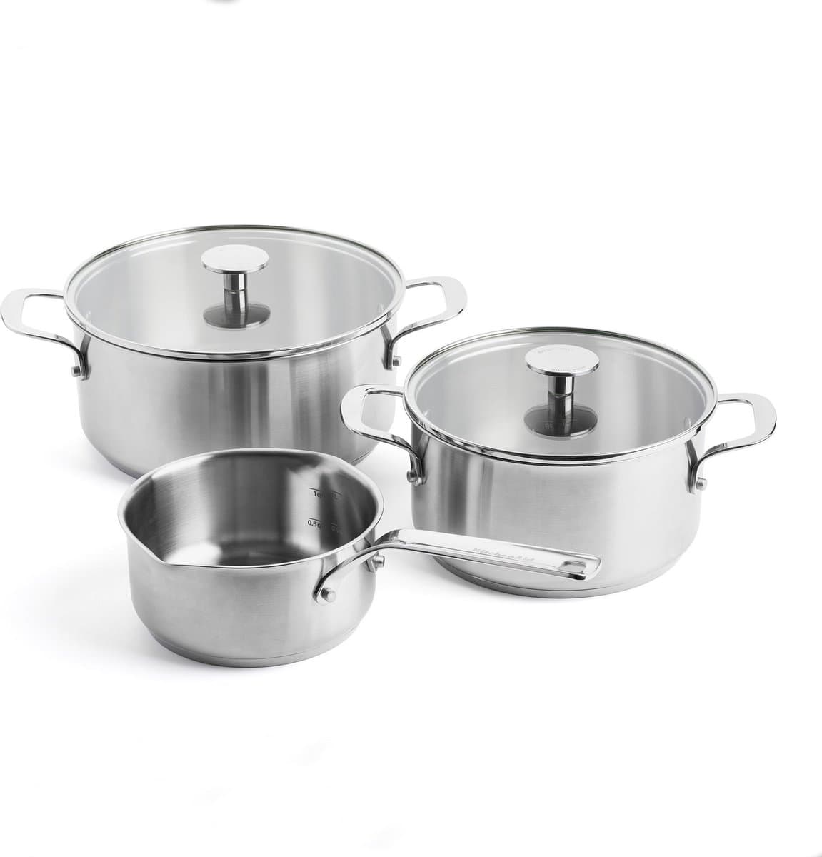 KitchenAid Stainless Steel Kookpannenset 5-delig - 16/20/24cm - 1.5/3.1/4.8L - PFAS-vrij - RVS pannenset - Pannenset inductie - Ovenbestendig tot 220°C - Met glazen deksel - Zilver