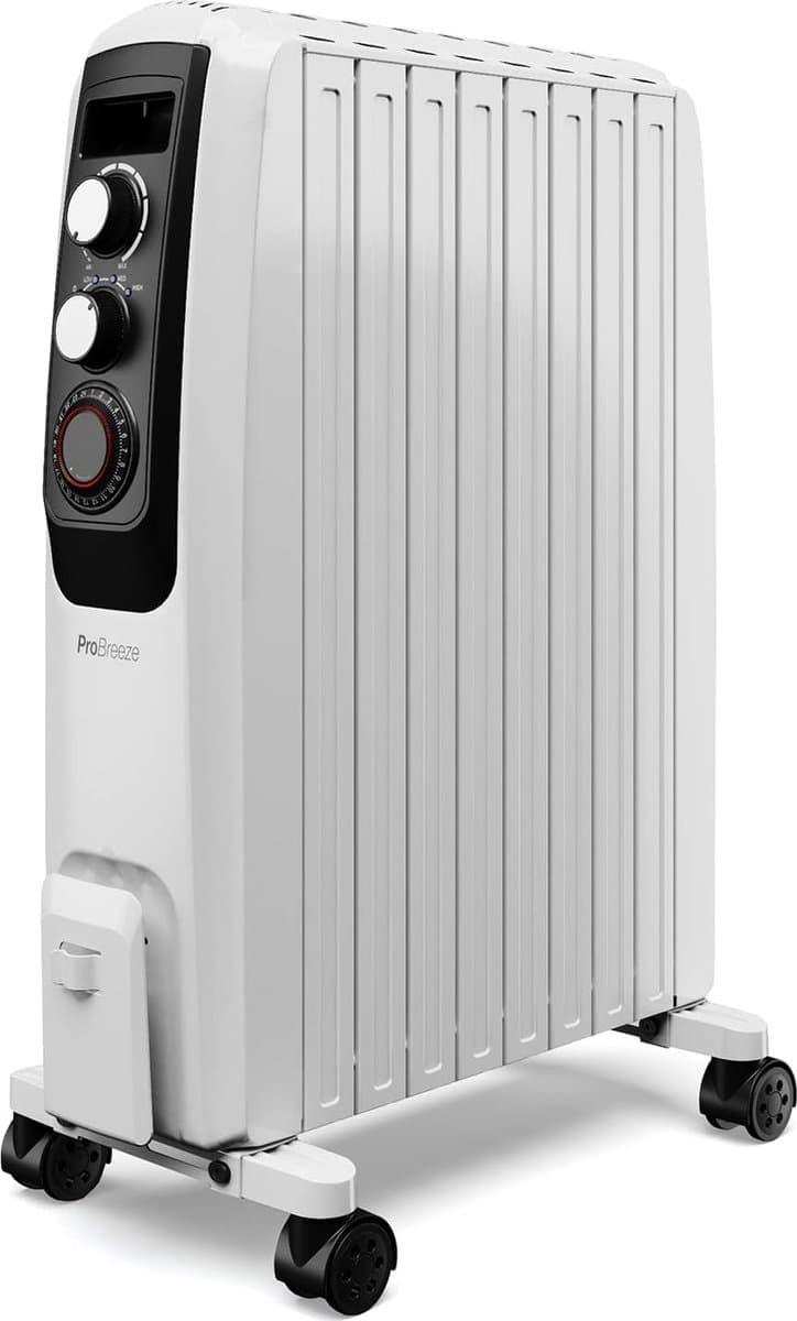 Pro Breeze 2000W Elektrische Verwarming tot 32 m2 - Olieradiator incl. Afstandsbediening, LED-Scherm, Ingebouwde Timer, 4 Warmtestanden, Thermostaat, Veiligheidsuitschakeling - Wit