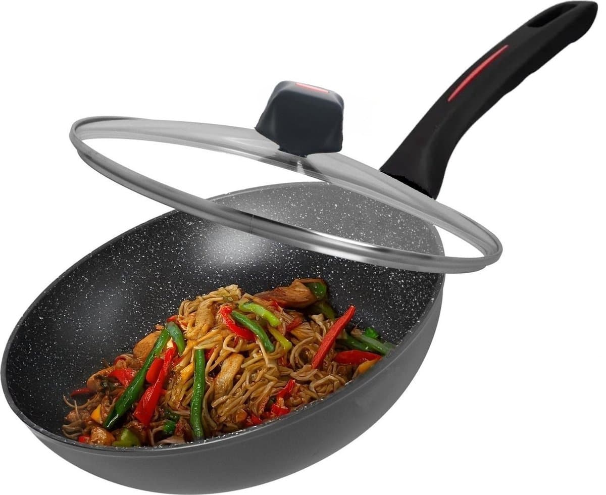 Royalty Line® FWN30 Wokpan Inductie - Ø 30 cm / 4.2 Liter - Wokpannen Voor Alle Warmtebronnen - Wok Pan Met Antiaanbaklaag - Wokpan Met Deksel - Zwart